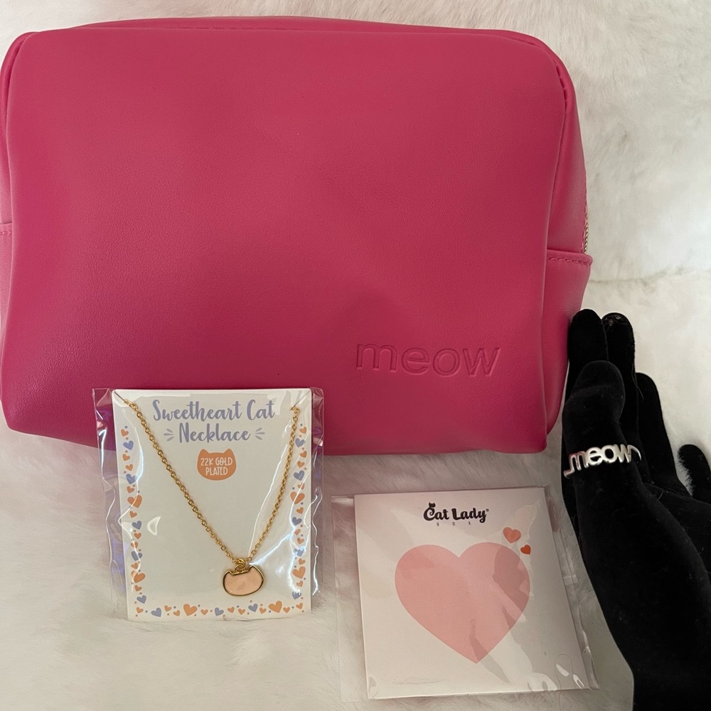 Meow 😻 Trifecta of Cat Lady Items Necklace, Ring and Small Pink Bag